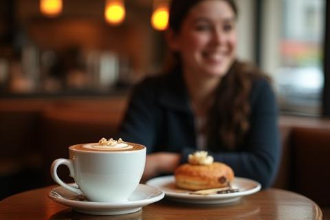 Customer enjoying coffee and pastry (if permitted).