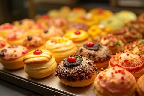 Assortment of colorful and delicious looking pastries.